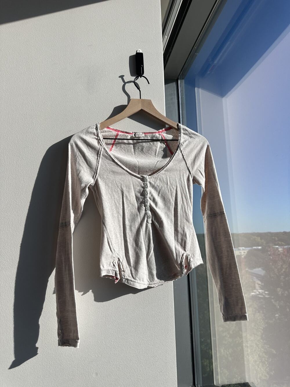Free People Y2K Vibe Oatmeal Long Sleeve Henley Top Cotton Blend Sz XS